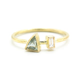 Triangle green sapphire ring and tiny rectangle diamond with 18k gold texture band