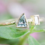 Triangle green sapphire ring and tiny rectangle diamond with 18k gold texture band