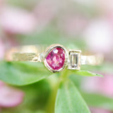 Teardrop ruby ring in bezel setting and rectangle diamond with 18k gold texture band