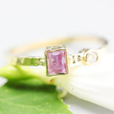 Rectangle Pink sapphire ring and tiny round diamond with 18k gold texture band