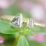 Triangle green sapphire ring and tiny rectangle diamond with 18k gold texture band