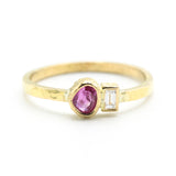 Teardrop ruby ring in bezel setting and rectangle diamond with 18k gold texture band