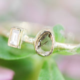 Teardrop diamond ring and rectangle diamond in bezel setting with 18k gold texture band
