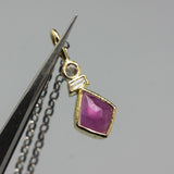 Pink Sapphire, Sliced es diamond and Princess cut Diamond in 18k gold bezel settings with oxidized sterling silver chain