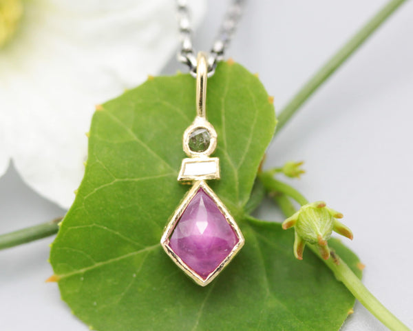 Pink Sapphire, Sliced es diamond and Princess cut Diamond in 18k gold bezel settings with oxidized sterling silver chain