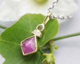 Pink Sapphire, Sliced es diamond and Princess cut Diamond in 18k gold bezel settings with oxidized sterling silver chain