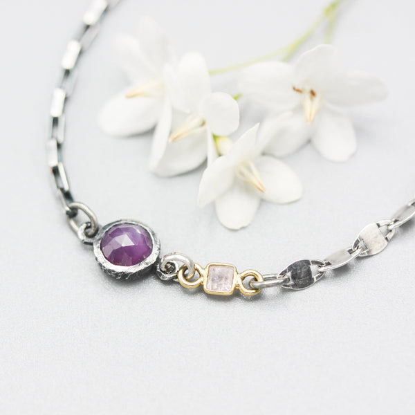 Pink sapphire pendant bracelet with tiny square pink sapphire gemstone on sterling silver chain