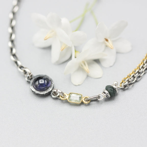 Round Iolite pendant bracelet with tourmaline and emerald gemstone on sterling silver chain