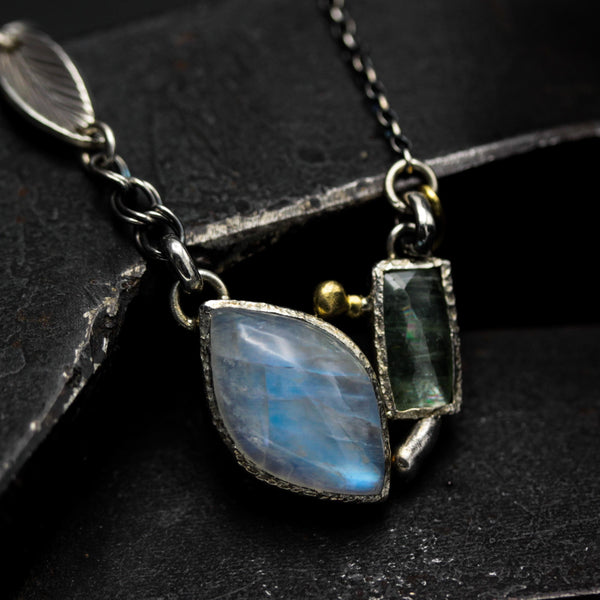 Handmade Moonstone, Green Kyanite & Multi-Sapphire Pendant Necklace – Sterling Silver Bezel Setting and Oxidized Chain