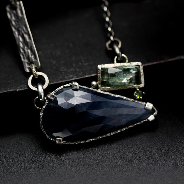 Blue sapphire and mint kyanite pendant necklace with Paraiba kyanite secondary on sterling silver chain