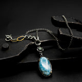 Large oval cabochon Larimar pendant necklace and Labradorite with oxidized sterling silver chain