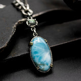 Large oval cabochon Larimar pendant necklace and Labradorite with oxidized sterling silver chain
