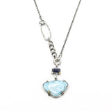 Triangle cabochon Larimar pendant necklace and blue sapphire with oxidized sterling silver chain