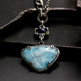 Triangle cabochon Larimar pendant necklace and blue sapphire with oxidized sterling silver chain