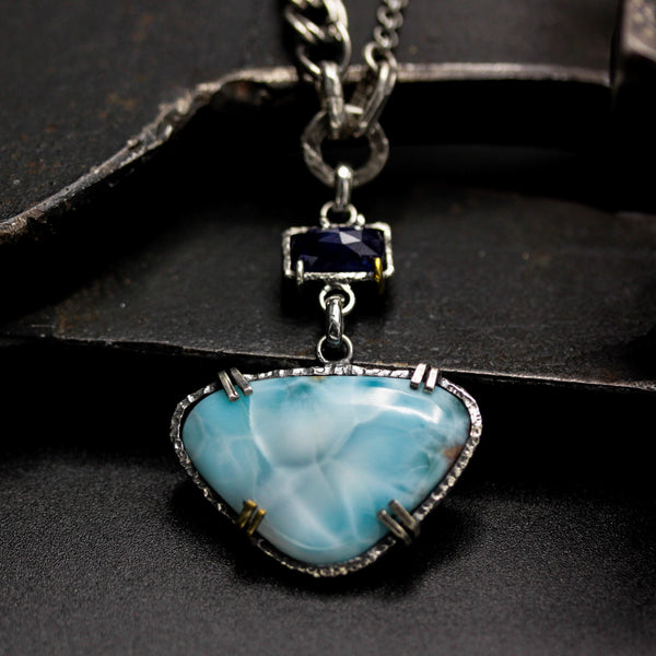 Triangle cabochon Larimar pendant necklace and blue sapphire with oxidized sterling silver chain