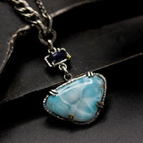 Triangle cabochon Larimar pendant necklace and blue sapphire with oxidized sterling silver chain