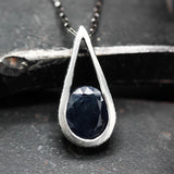 Silver teardrop pendant with blue sapphire gemstone set with sterling silver chain necklace