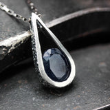 Silver teardrop pendant with blue sapphire gemstone set with sterling silver chain necklace