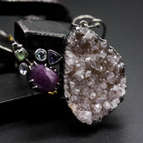 Natural peach Druzy quartz pendant necklace with pink sapphire, amethyst, white topaz, blue topaz and mint kyanite gemstone