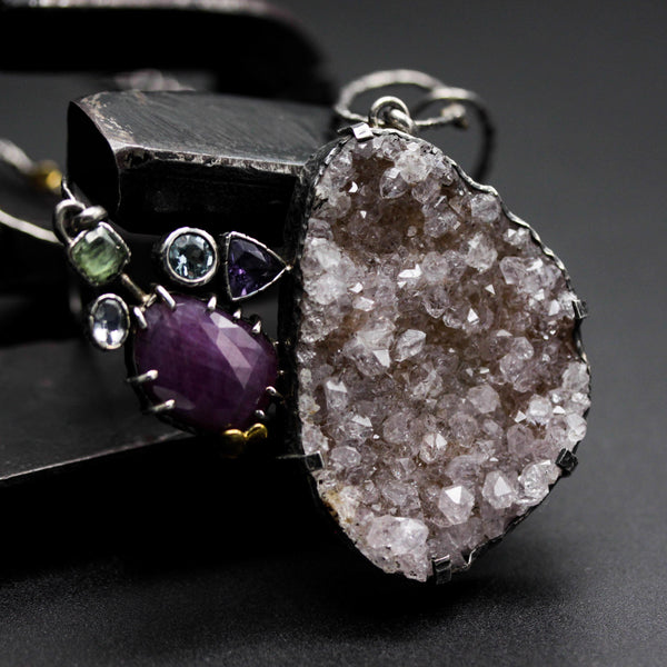 Natural peach Druzy quartz pendant necklace with pink sapphire, amethyst, white topaz, blue topaz and mint kyanite gemstone