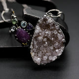 Natural peach Druzy quartz pendant necklace with pink sapphire, amethyst, white topaz, blue topaz and mint kyanite gemstone