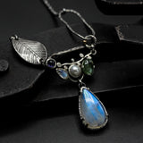 Teardrop Moonstone pendant necklace in bezel and prongs setting with Green kyanite,Freshwater pearls, Iolite and tiny moonstone gemstone
