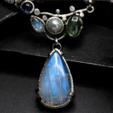 Teardrop Moonstone pendant necklace in bezel and prongs setting with Green kyanite,Freshwater pearls, Iolite and tiny moonstone gemstone