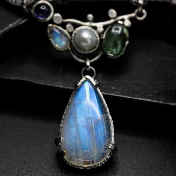Teardrop Moonstone pendant necklace in bezel and prongs setting with Green kyanite,Freshwater pearls, Iolite and tiny moonstone gemstone