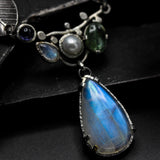 Teardrop Moonstone pendant necklace in bezel and prongs setting with Green kyanite,Freshwater pearls, Iolite and tiny moonstone gemstone