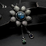 Floral Labradorite Pendant Necklace – Sterling Silver with Blue & Green Kyanite Accents
