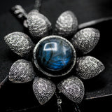 Floral Labradorite Pendant Necklace – Sterling Silver with Blue & Green Kyanite Accents