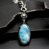 Large oval cabochon Larimar pendant necklace and Labradorite with oxidized sterling silver chain