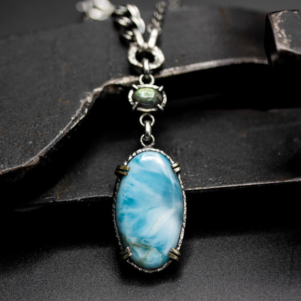 Large oval cabochon Larimar pendant necklace and Labradorite with oxidized sterling silver chain