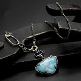 Triangle cabochon Larimar pendant necklace and blue sapphire with oxidized sterling silver chain