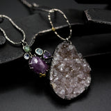 Natural peach Druzy quartz pendant necklace with pink sapphire, amethyst, white topaz, blue topaz and mint kyanite gemstone