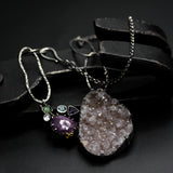 Natural peach Druzy quartz pendant necklace with pink sapphire, amethyst, white topaz, blue topaz and mint kyanite gemstone