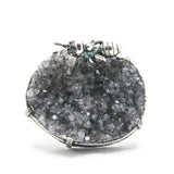 Black natural Brazilian druzy ring in silver bezel and prongs setting with Ant figurine on sterling silver double band