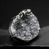 Black natural Brazilian druzy ring in silver bezel and prongs setting with Ant figurine on sterling silver double band