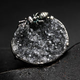 Black natural Brazilian druzy ring in silver bezel and prongs setting with Ant figurine on sterling silver double band
