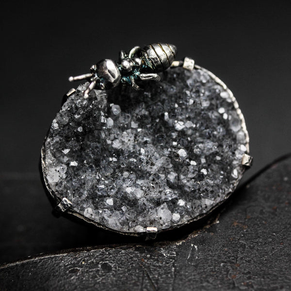 Black natural Brazilian druzy ring in silver bezel and prongs setting with Ant figurine on sterling silver double band