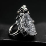 Black natural Brazilian druzy ring in silver bezel and prongs setting with Ant figurine on sterling silver double band