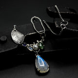 Teardrop Moonstone pendant necklace in bezel and prongs setting with Green kyanite,Freshwater pearls, Iolite and tiny moonstone gemstone