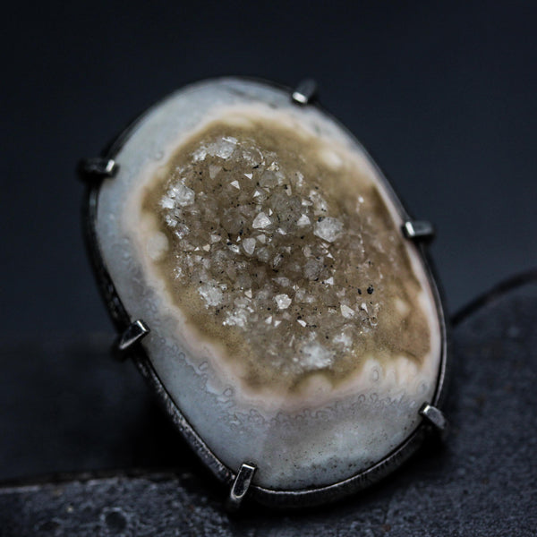 Natural Brown/Grey Druzy Quartz Ring Sterling Silver Bezel & Skeleton Band