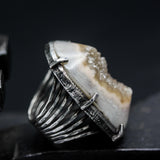 Natural Brown/Grey Druzy Quartz Ring Sterling Silver Bezel & Skeleton Band
