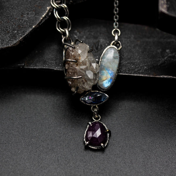 Celestial Harmony Gemstone Pendant Necklace  Rock Crystal, Moonstone, Kyanite and Ruby
