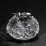 Black natural Brazilian druzy ring in silver bezel and prongs setting with Ant figurine on sterling silver double band
