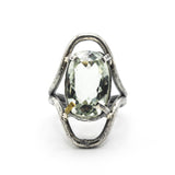 Oval faceted Green Amethyst ring in silver bezel and prongs setting in sterling silver oxidized double band