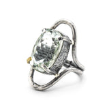 Oval faceted Green Amethyst ring in silver bezel and prongs setting in sterling silver oxidized double band