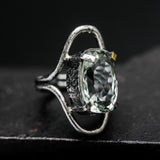 Oval faceted Green Amethyst ring in silver bezel and prongs setting in sterling silver oxidized double band