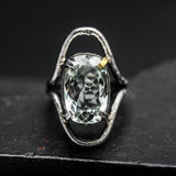 Oval faceted Green Amethyst ring in silver bezel and prongs setting in sterling silver oxidized double band